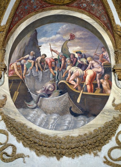 Scene showing those born under the sign of Pisces adept at fishing, symbolized by the capture of a sea monster, from the Camera dei Venti by Giulio Romano